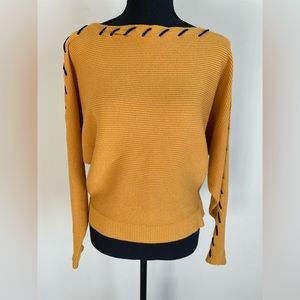 M Magaschoni Sz Med Golden Yellow Sweater Boatneck Knit Art To Wear Black Accent